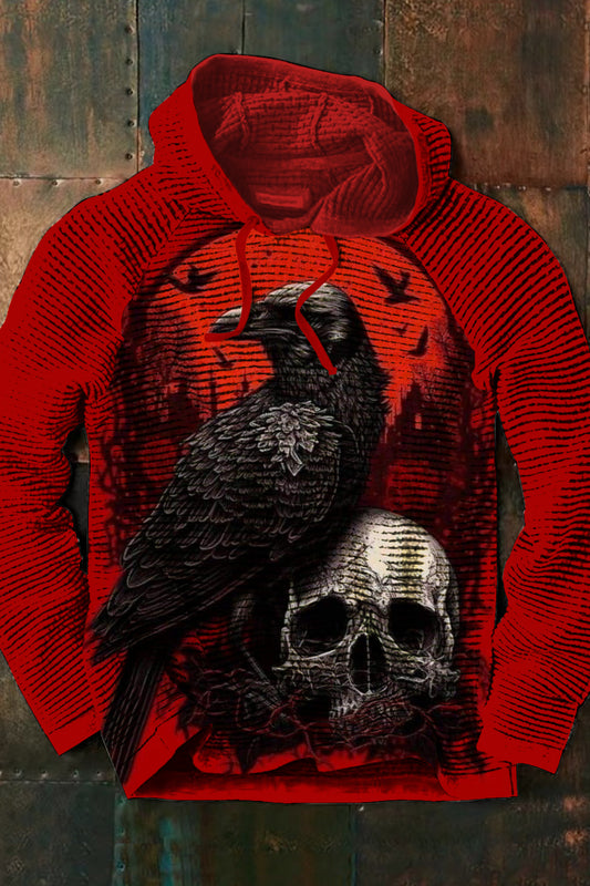 Herrenmode Halloween Raben Schädel auf rotem Hintergrund Kordel zug mit langen Ärmeln Hoodie