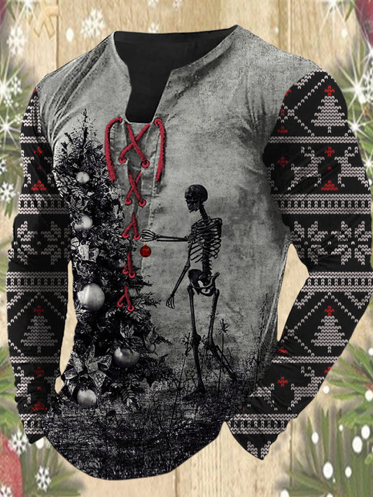 Herren Vintage Schnürung Punk Frohe Weihnachten Print V-Ausschnitt Langarm Outdoor Sweatshirt