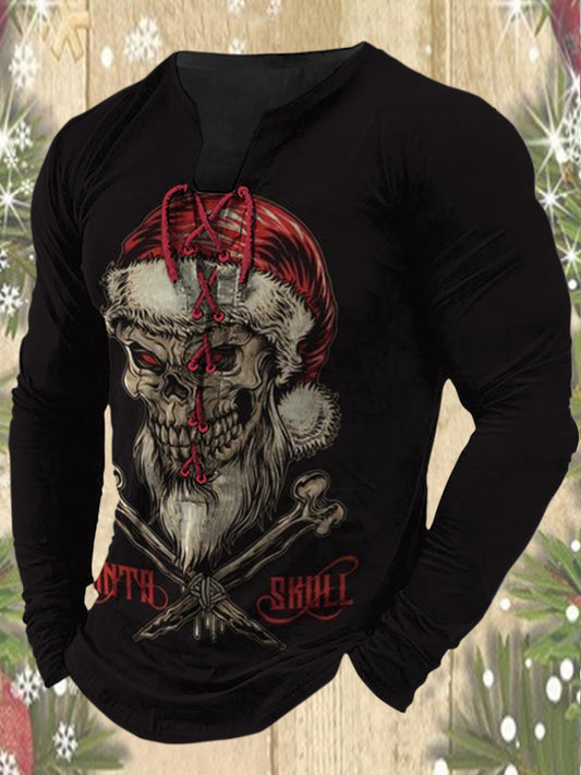 Herren Vintage Schnürung Punk Weihnachts mann Print V-Ausschnitt Langarm Outdoor Sweatshirt