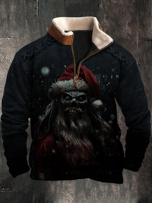 Herren Vintage Dark Santa Claus Art 3D-Druck Retro Pelz Kragen Reiß verschluss Flush Outdoor Sweatshirt