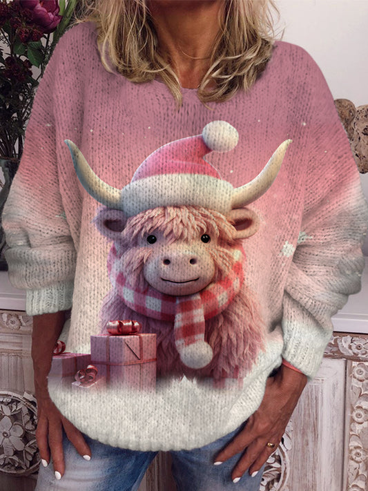 Frauen niedliche Weihnachten Highland Rinder 3D-Druck Rundhals Langarm Alltags mode Strick pullover