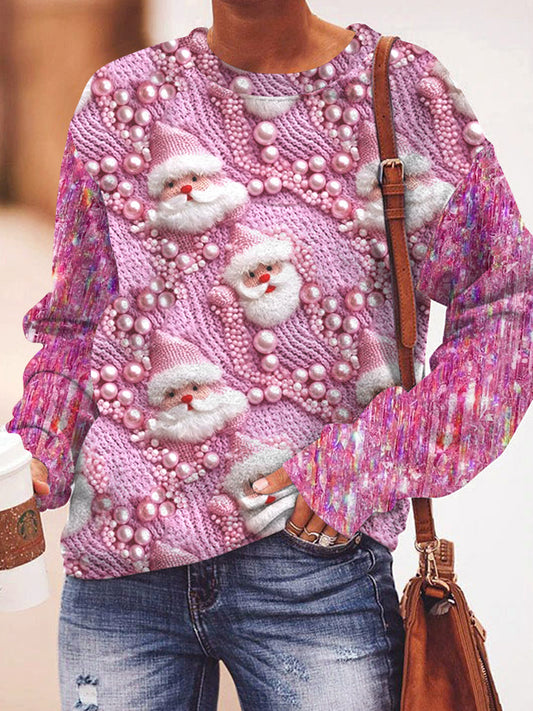 Damen Weihnachten Santa Pearl gewebte Dekorationen 3D gedruckt lose Basic lange Ärmel Sweatshirt