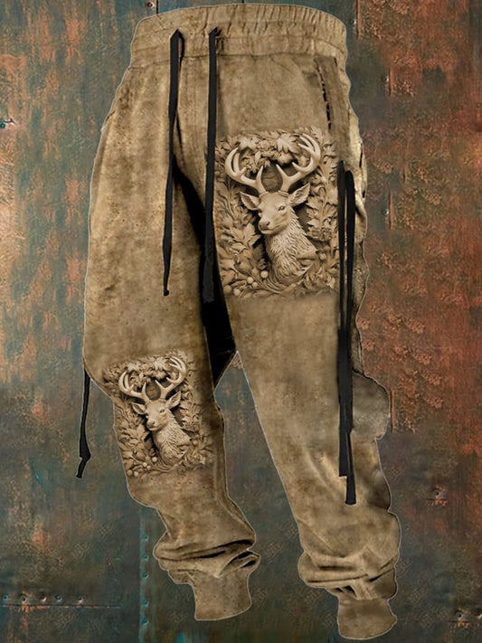 Men's Vintage Elk Relief Pattern 3D Printed Casual Tie-Up Brushed Sport Pants Trousers