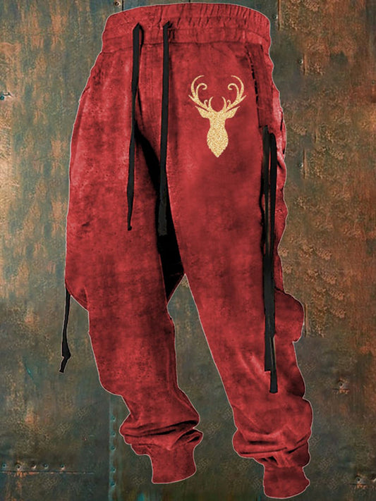 Men's Retro Christmas Golden Elk Silhouettes Printed Casual Tie-Up Brushed Sport Pants Trousers