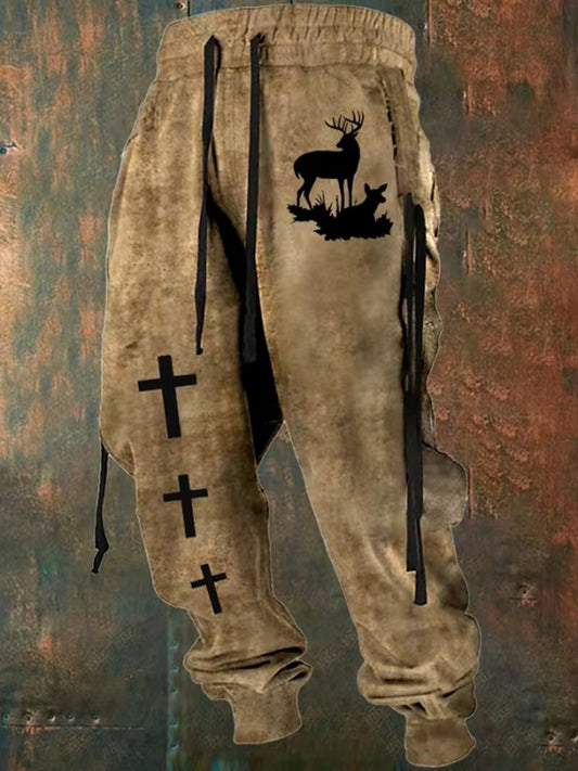 Herren Vintage Cross Bull Elk Weihnachts bedruckte Kordel zug elastische Kraft füße lässig Sport dicke Hose