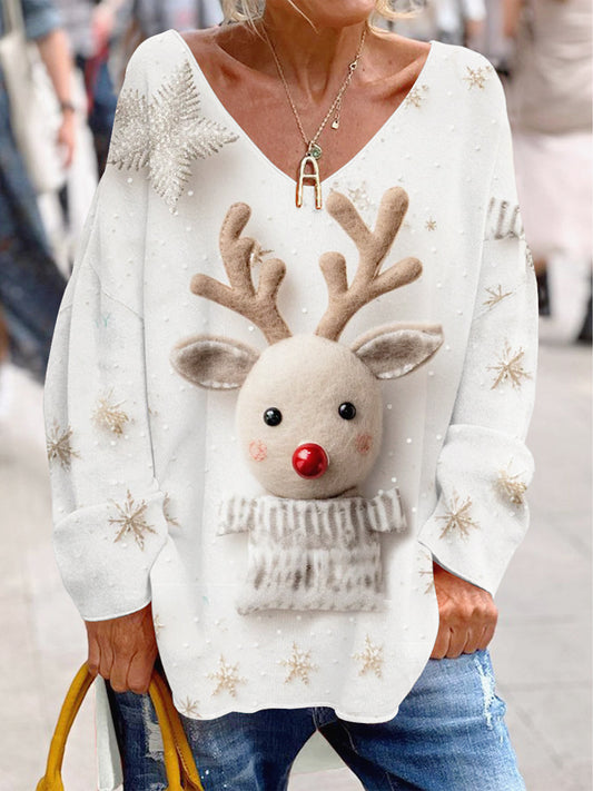 Retro Weihnachts hirsch druck modischer V-Ausschnitt Pullover lange Ärmel