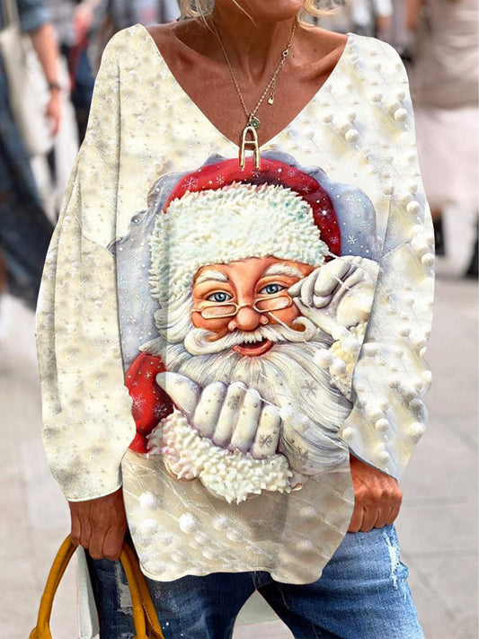Retro Weihnachts mann Bedrucktes modisches V-Ausschnitt Pullover Lang ärmel iges Oberteil