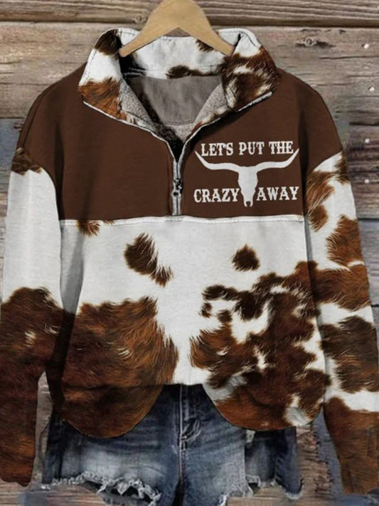 Vintage Lassen Sie uns die verrückte Kuh Woll bedruckte Revers Reiß verschluss locker Basic Langarm Sweatshirt