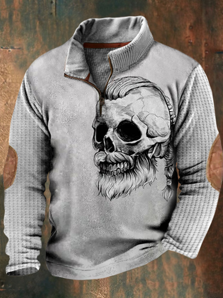Herren Lustige Punk Skelett Print Revers Walf Checks Spleißen Reiß verschluss Sweatshirt