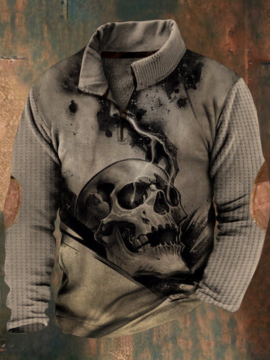 Herren Vintage Skull Lightning Print Revers Walf Checks Spleißen Reiß verschluss Sweatshirt