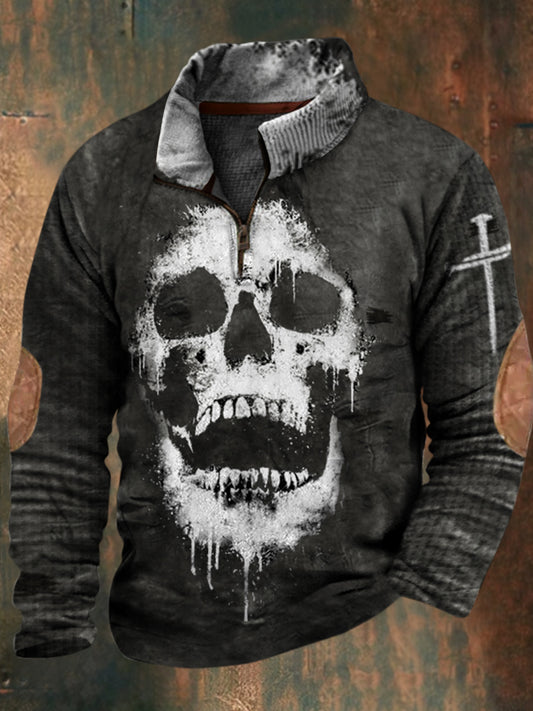 Herren Vintage Skull Cross Print Revers Walf Checks Spleißen Reiß verschluss Sweatshirt
