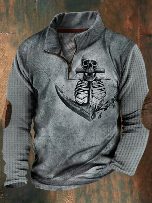 Herren Punk Skelett Boot Anker Print Revers Walf Checks Spleißen Reiß verschluss Sweatshirt