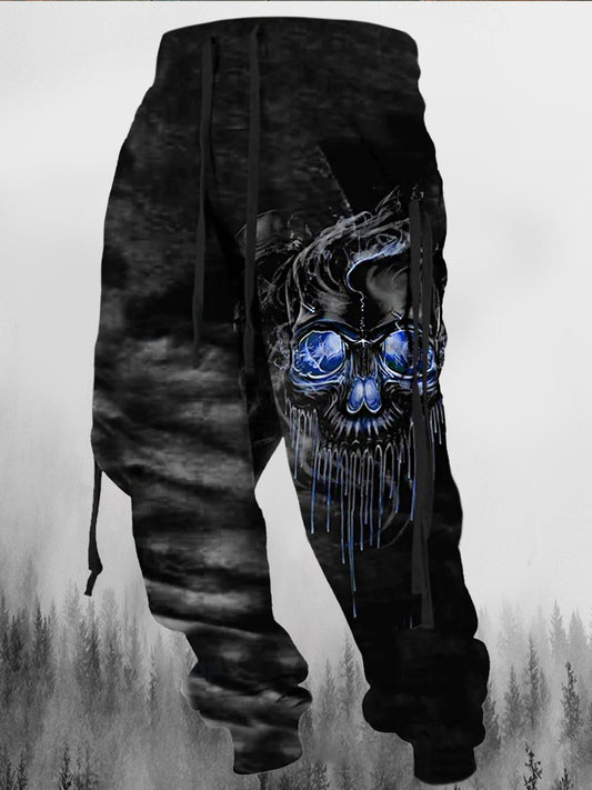 Herren Punk Blue Haze Skull Print Draw string elastische Kraft füße lässig Sport dicke Hose