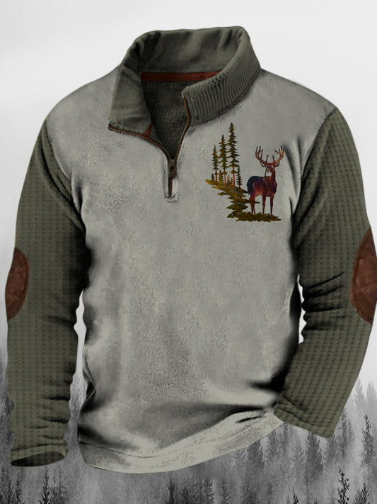 Herren Western Elk Jungle Print Stand Kragen Knopf Flush Outdoor Sweatshirt