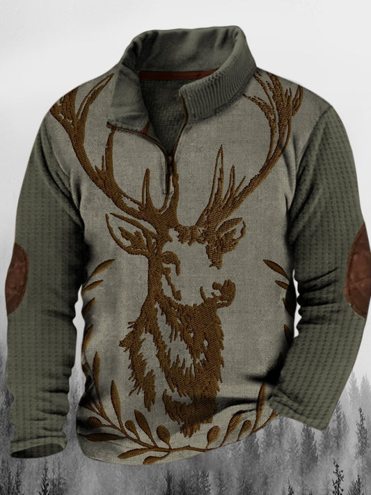Herren Western Vintage Elk Pictorial Print Stand Kragen Knopf Flush Outdoor Sweatshirt