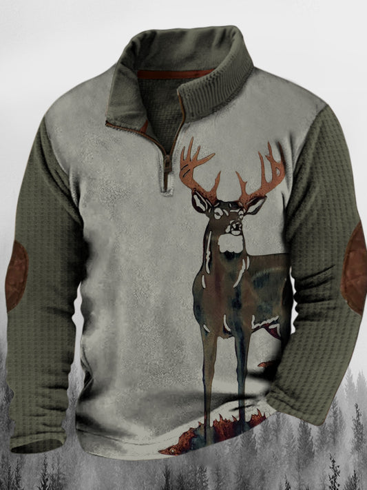 Herren Western Elk Vintage Textur Druck Stand Kragen Knopf Flush Outdoor Sweatshirt