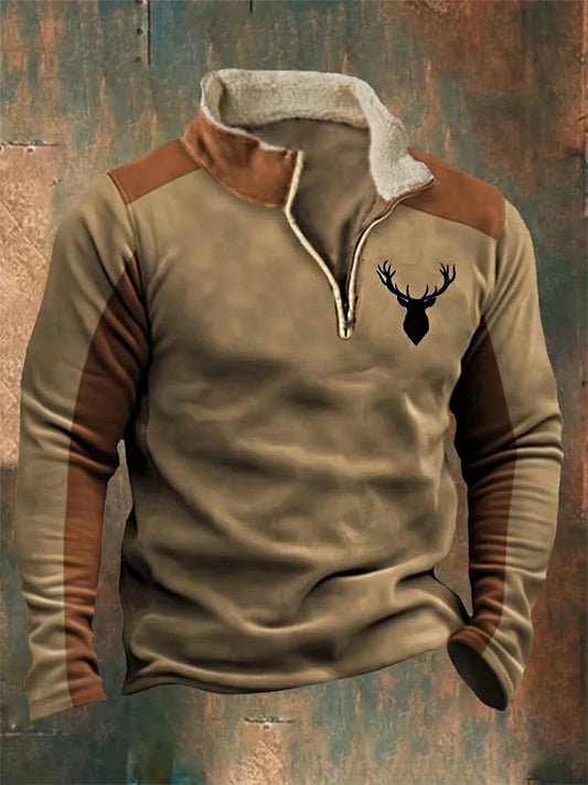 Herren Western Elk Spleißen Druck Stand Pelz kragen Reiß verschluss Flush Outdoor Sweatshirt
