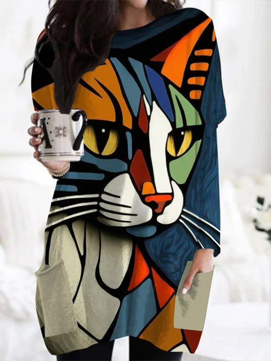 Retro bunte Katze Kunstdruck Mode Rundhals Pullover Langarm lange Sweatshirt