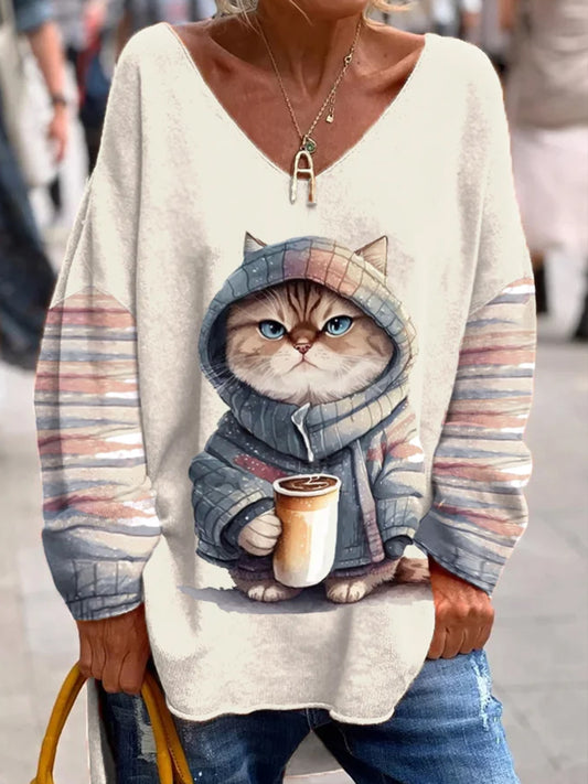 Retro Katze mit Kaffee druck Modische V-Ausschnitt Pullover Lang ärmel iges Oberteil