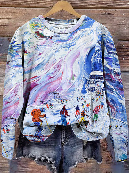 Aurora Snow Mountain Ölgemälde gedruckt lässig Lose Rundhals Langarm Sweatshirt
