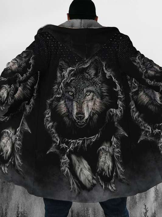 Fleece-Futter mit langen Ärmeln mit Kapuzen mantel mit dunklem nordischem Wolf bedruckt