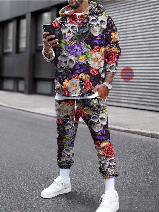 Punk Blume bedruckte Outdoor-Entspannung mit Kapuze lange Ärmel Sweatshirt Sweatshirt Zweiteiliger Anzug