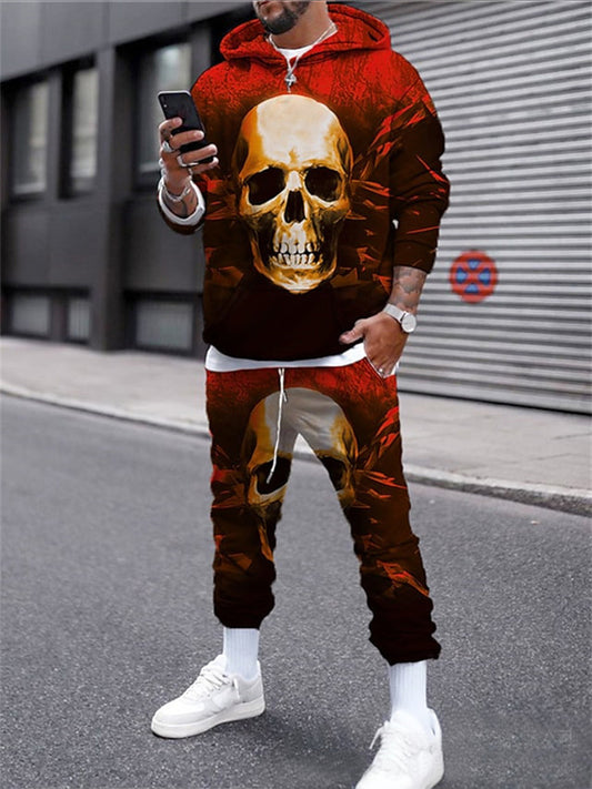 Roter Gradient Punk Totenkopf bedruckte Outdoor-Entspannung mit Kapuze lange Ärmel Sweatshirt Sweatshirt Zweiteiliger Anzug