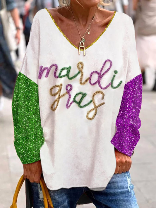 Mardi Gras Glitter Print Modische V-Ausschnitt Pullover lässig Lose Langarm Top