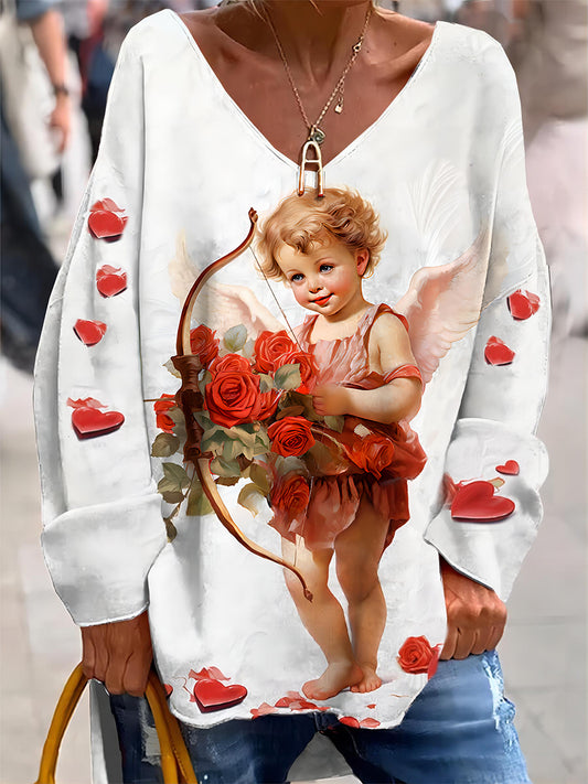 Retro Cupid Valentinstag Kunstdruck Modische V-Ausschnitt Pullover Langarm Top