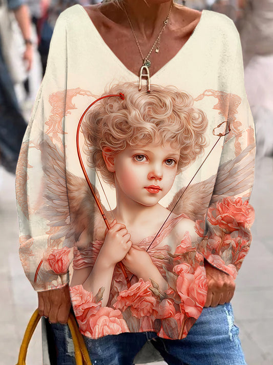 Retro Cupid Valentinstag Kunstdruck Modische V-Ausschnitt Pullover Langarm Top