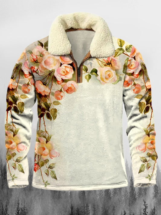 Vintage Frühlings blumen bedruckte Revers Flauschiger Kragen Reiß verschluss lässig lose Sweatshirt