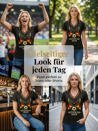 Damen-Deutschland-Fußball-Liebhaber-Print-V-Ausschnitt-Shirt
