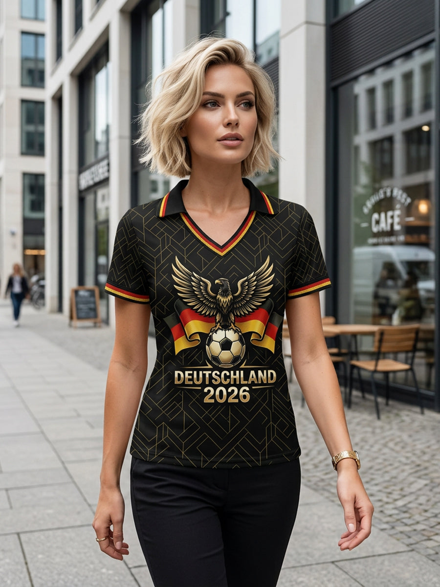 Damen-Deutschland-Fußball-Liebhaber-Print-V-Ausschnitt-Shirt