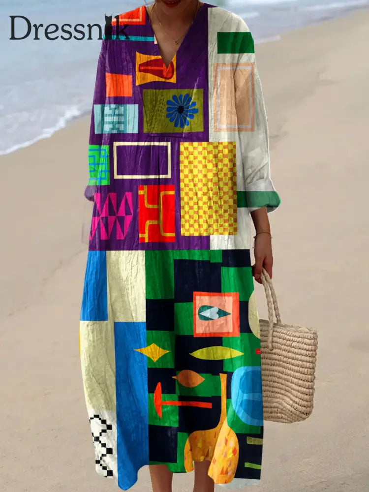 Abstraktes geometrisches Farbblock-Linien-Kunstdruck kleid für Damen bunt / S