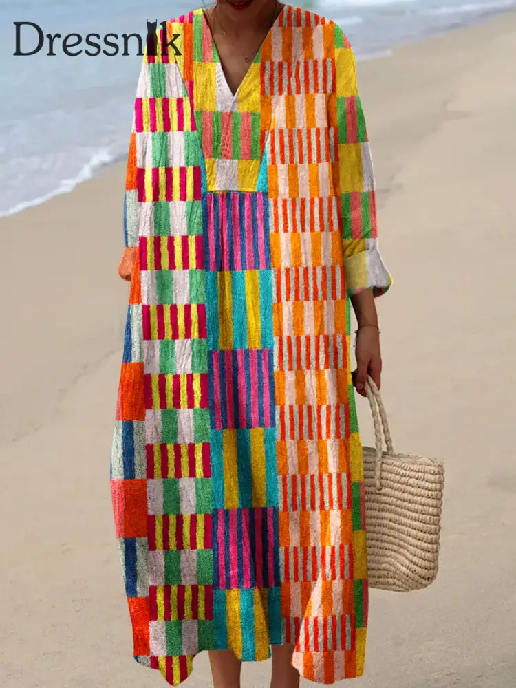 Abstraktes geometrisches Farbblock-Linien-Kunstdruck kleid für Damen bunt / S