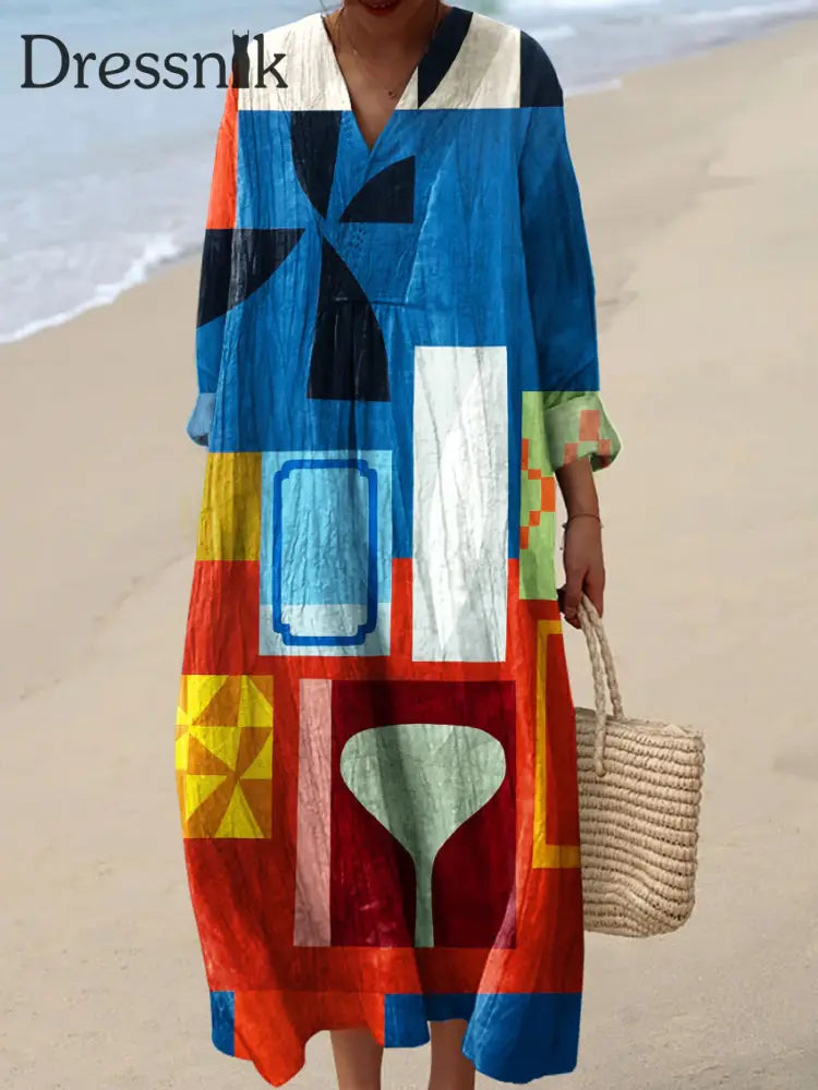 Abstraktes geometrisches Farbblock-Linien-Kunstdruck kleid für Damen bunt / S