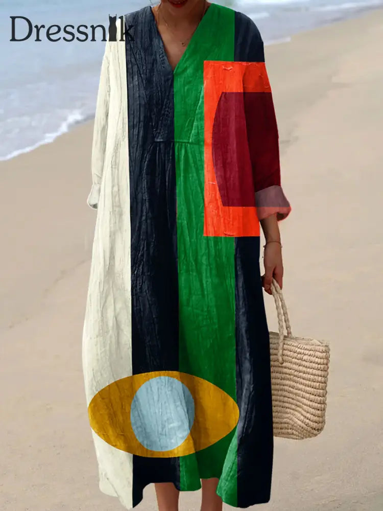 Abstraktes geometrisches Farbblock-Linien-Kunstdruck kleid für Damen bunt / S