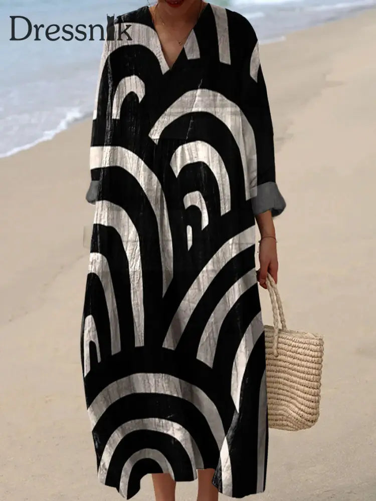 Abstraktes geometrisches Farbblock-Linien-Kunstdruck kleid für Damen Schwarz / S