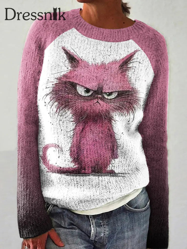 Angry Cat – Lässiger Langärmliger Pullover Mit Farbblockdesign