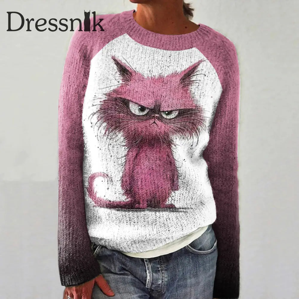 Angry Cat – Lässiger Langärmliger Pullover Mit Farbblockdesign White / S