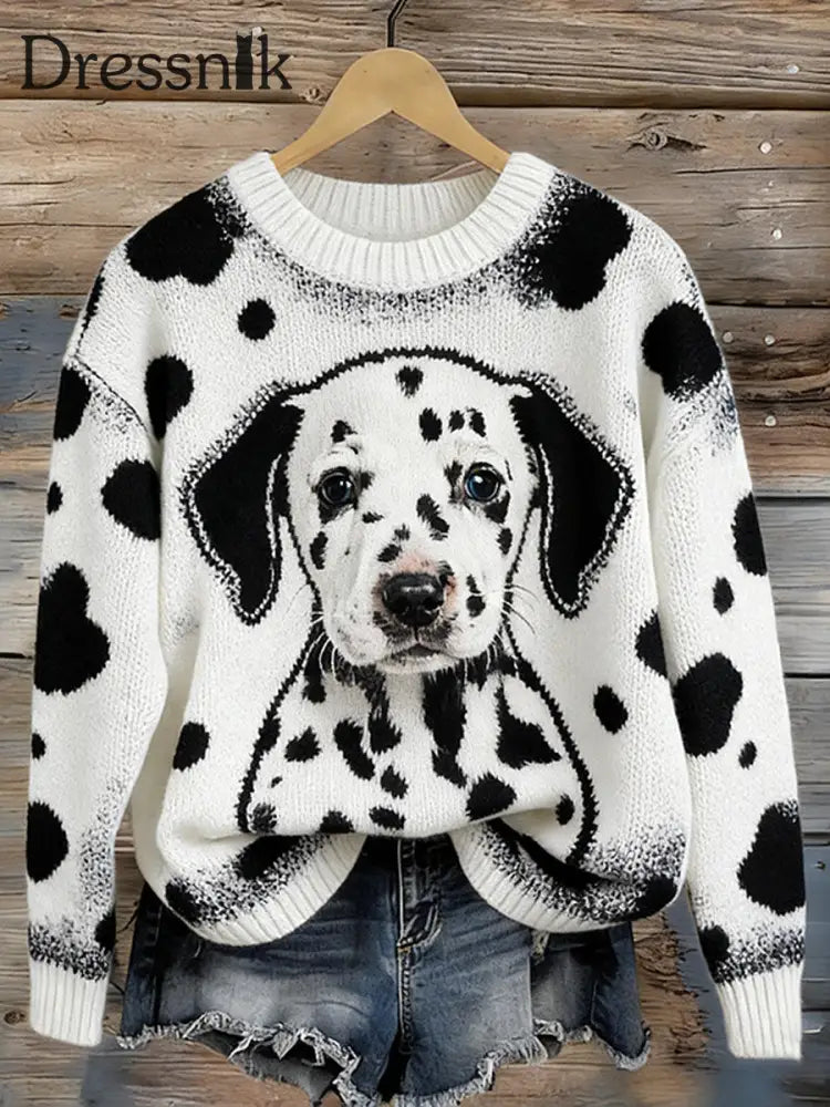 Bedruckter Rundhals pullover mit Frauen-Spot-Hunde muster Weiß / S