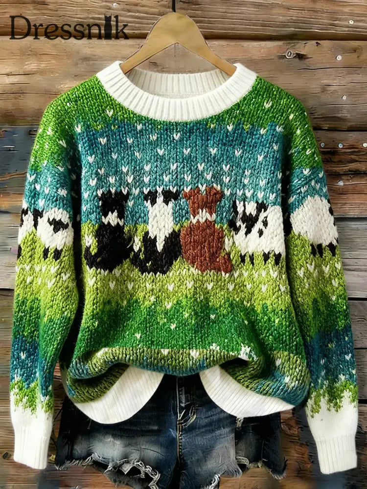 Bedruckter Rundhals pullover mit niedlichem Hunde muster für Damen als bild / S