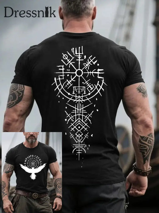 Bedrucktes T-Shirt für Herren Raben im Wikinger-Stil & Vegvísir Schwarz / S