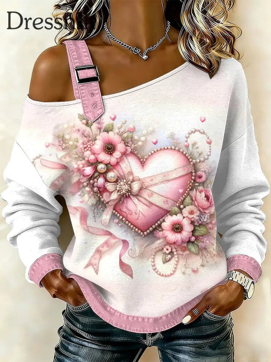 Bedrucktes V-Ausschnitt Revers knopf Vintage Lässiges Langarm-Shirt als bild / S