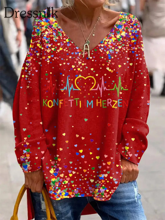 Bedrucktes V-Ausschnitt Revers knopf Vintage Lässiges Langarm-Shirt Rot / S