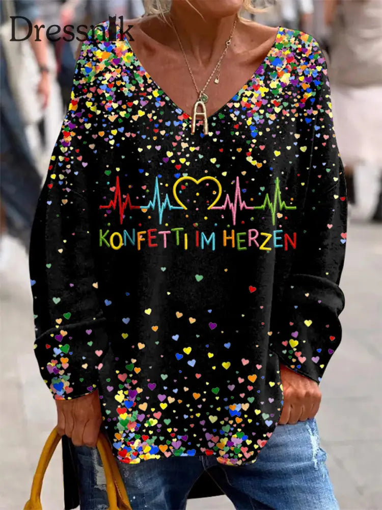 Bedrucktes V-Ausschnitt Revers knopf Vintage Lässiges Langarm-Shirt Schwarz / S