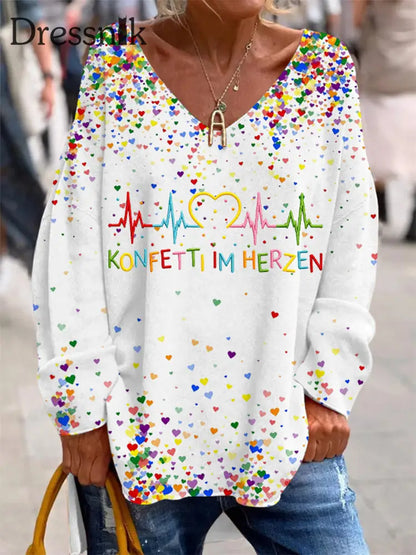 Bedrucktes V-Ausschnitt Revers knopf Vintage Lässiges Langarm-Shirt Weiß / S