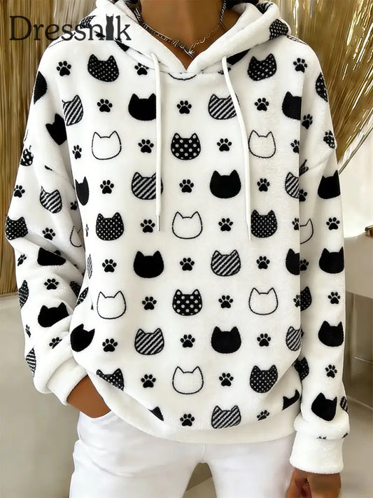 Beiläufiger Flanell-Hoodie mit niedlichem Katzen-Kunstdruck für Damen als bild / S