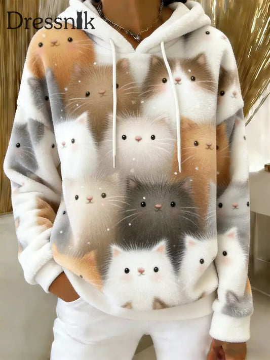 Beiläufiger Flanell-Hoodie mit niedlichem Katzen-Kunstdruck für Damen als bild / S
