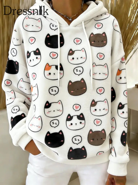 Beiläufiger Flanell-Hoodie mit niedlichem Katzen-Kunstdruck für Damen als bild / S